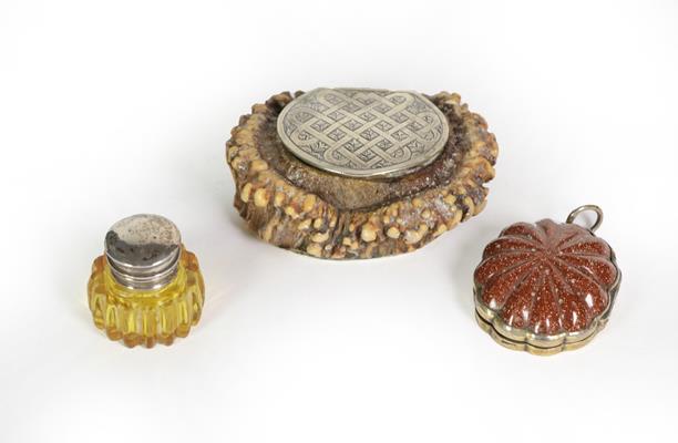 Lot 38 - Three Metal-Mounted Vinaigrettes, one formed from an antler, the hinged cover engraved with...