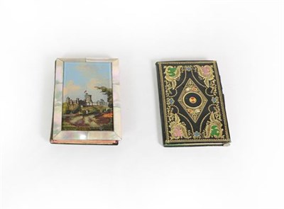 Lot 47 - A Victorian Mother-of-Pearl and Papier Mache Aide Memoire, oblong, the cover with a reverse painted