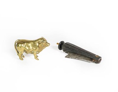 Lot 51 - A Brass Cigar-Cutter, modelled as a bull, 7cm long; Together With: a knife, with tapering and...