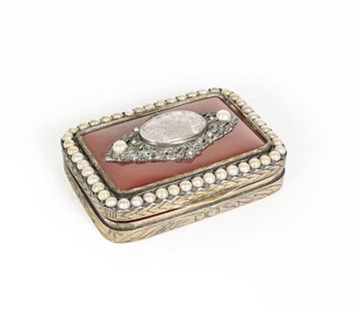 Lot 52 - A Gilt-Metal Snuff-Box, oblong, the hinged cover set with an agate panel and with a 'pearl' set...