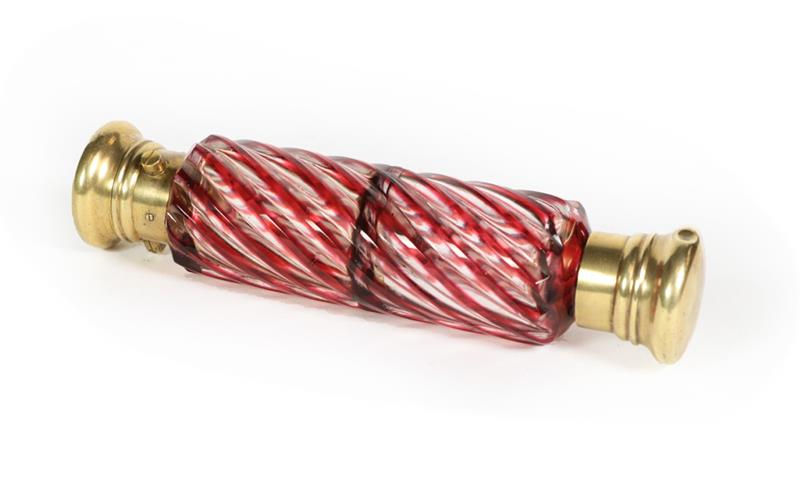 Lot 53 - A Brass-Mounted Glass Double Scent-Bottle, the ruby glass body spiral-twisted, with one hinged...