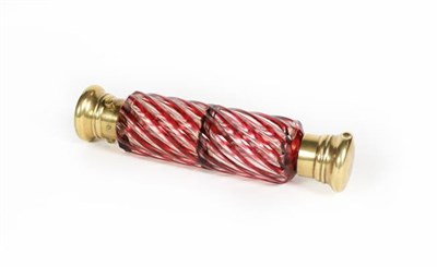 Lot 53 - A Brass-Mounted Glass Double Scent-Bottle, the ruby glass body spiral-twisted, with one hinged...