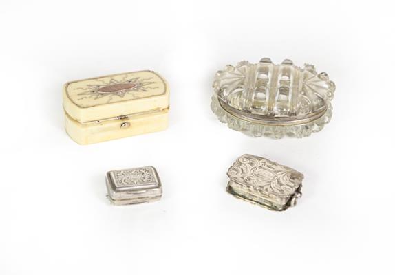 Lot 62 - Four George IV and Later Silver, Gilt-Metal Mounted Cut-Glass or Ivory Vinaigrettes, The Silver...