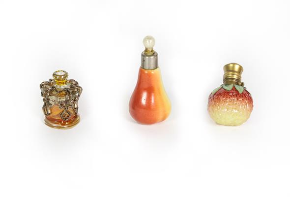 Lot 69 - Two Metal-Mounted Ceramic Scent-Bottles, one formed as a strawberry, the other as a pear;...