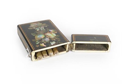 Lot 71 - A Victorian Papier Mache Cheroot-Case, oblong, one side painted with a woman and child in a...