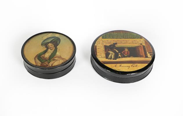Lot 73 - Two Victorian Papier Mache Snuff-Boxes, each circular and with pull-off cover, the cover of one...