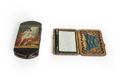 Lot 74 - A Victorian Papier Mache Cheroot-Case, shaped oblong, the cover painted on one side with a lady...