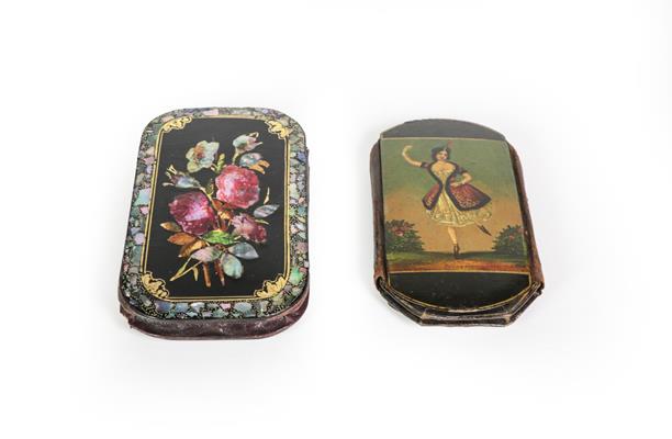 Lot 75 - Two Victorian Papier Mache Cheroot-Cases, each shaped oblong, one painted on one side with a...