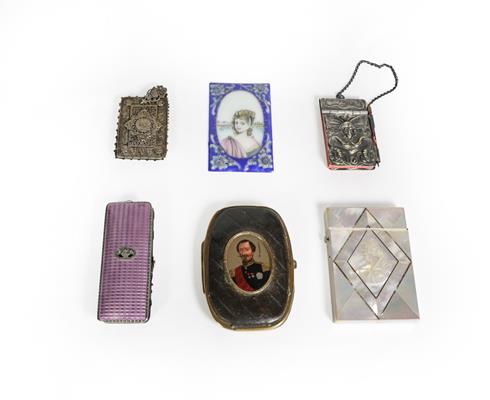 Lot 82 - A collection of various metal mounted cases, including: one with a portrait of Napoleon III on...