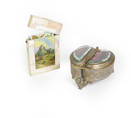 Lot 84 - A Victorian mother-of-pearl card-case, oblong, the frong with a depiction of Launceston Castle,...