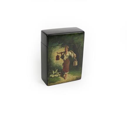 Lot 87 - A Russian lacquer card-box, by Lukutin Factory, Moscow, oblong, the front painted with a scene of a