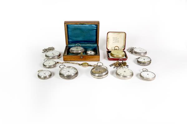 Lot 89 - Eight silver open faced pocket watches, enamel dialled wristwatch, movement signed Rolex (case back