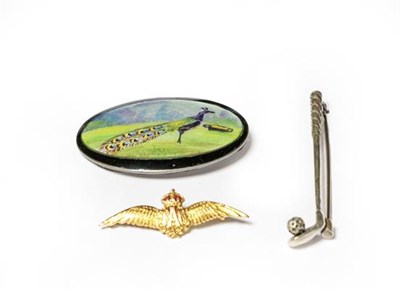 Lot 97 - An RAF brooch, length 4.1cm, a silver golf club brooch, length 6.6cm and another brooch depicting a
