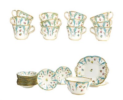 Lot 104 - A Staffordshire bone china tea service, circa 1870, decorated with rose sprigs within turquoise and