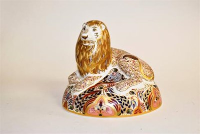 Lot 106 - A Royal Crown Derby Nemean Lion paperweight, silver stopper with box