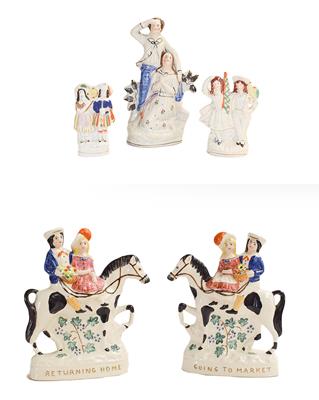 Lot 108 - Five various Staffordshire figures including 'Going to Market' and 'Returning Home' (5)