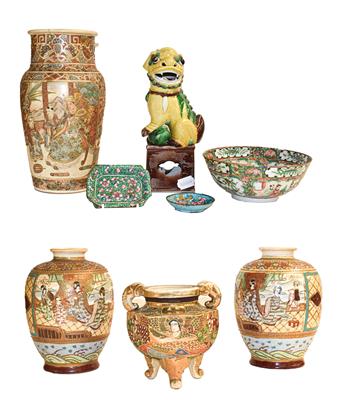 Lot 112 - Various Chinese and Japanese ceramics including temple lion, Satsuma vase etc, with two enamel...