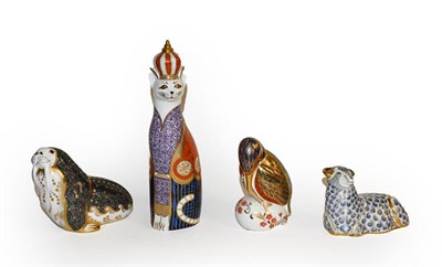 Lot 122 - Royal Crown Derby Imari paperweights, comprising: Walrus, Kingfisher, Ram, (all with gold...