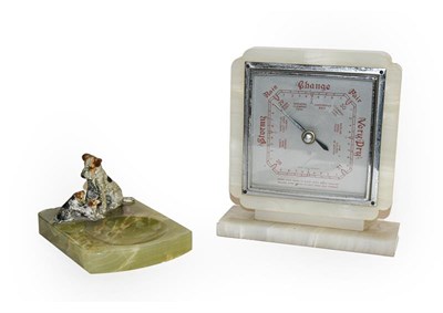 Lot 123 - An Art Deco alabaster desk top barometer, together with a cold painted bronze terrier group mounted