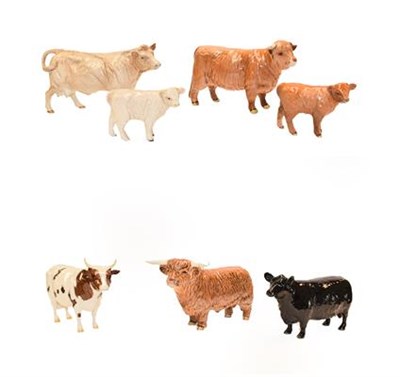 Lot 130 - Beswick Cattle Comprising: Ayreshire Bull, model No. 1454B; Aberdeen Angus Cow, model No. 1563;...