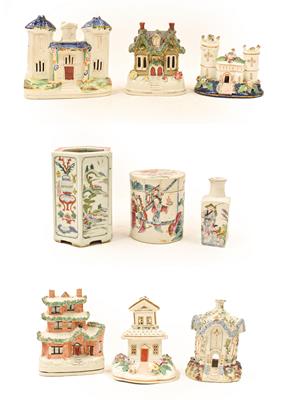 Lot 155 - Six Staffordshire house form pastille burners, together with three pieces of decorative Chinese...
