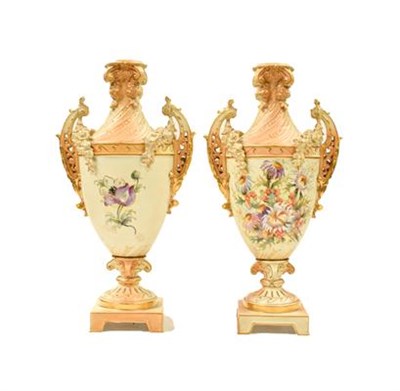 Lot 160 - A pair of blush ivory twin-handled Rudolstadt vases (lacking covers, 36cm) (2)
