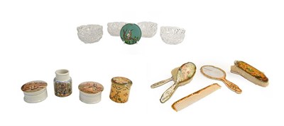 Lot 165 - A group of Edwardian painted and printed faux ivory dressing table items, Prattware jars and...