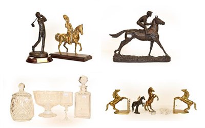 Lot 178 - 20th century etched glass horse racing trophies, a bronzed metal golf trophy, brass and spelter...