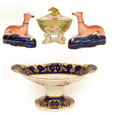 Lot 183 - A pair of Staffordshire dogs, a Victorian pedestal bowl painted with floral sprays, and a...