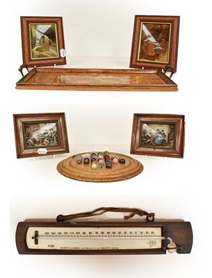 Lot 185 - A solitaire game, thermometer and painted tray, four chrystoleums