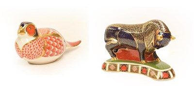 Lot 190 - A Royal Crown Derby Imari paperweight Grecian Bull, silver stopper, together with another Royal...