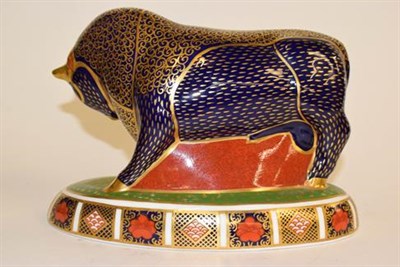 Lot 190 - A Royal Crown Derby Imari paperweight Grecian Bull, silver stopper, together with another Royal...