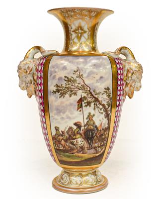 Lot 193 - A Dresden vase, decorated painted scenes of figures and cavalry