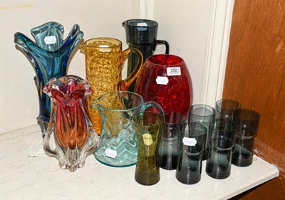 Lot 252 - A Whitefriars glass jug, two 1960's art glass vases, 1960's lemonade glass set etc