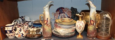 Lot 270 - A shelf of decorative ceramics including a Royal Worcester ewer, pair of  Royal Doulton figures...