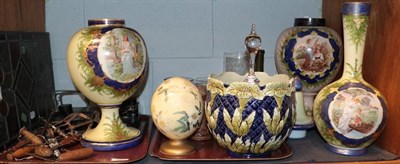 Lot 280 - Three Victorian painted glass vases (one cover lacking), a group of 19th century rummers, a...