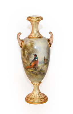 Lot 289 - A Royal Worcester vase painted by James Stinton, decorated with pheasants, 22cm high (restored)