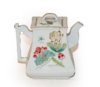 Lot 292 - A 19th century Chinese teapot of square baluster form, decorated with a bird amongst blossoms,...