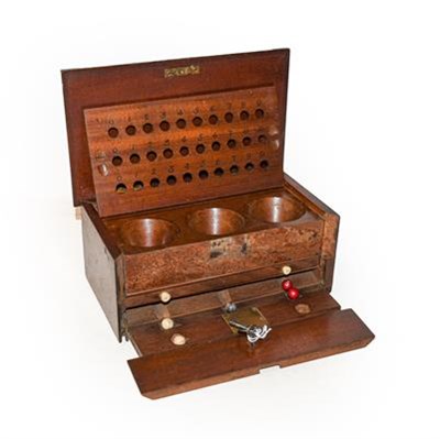 Lot 296 - A 19th century ballot/lottery box containing red, white and blue stained numbered balls