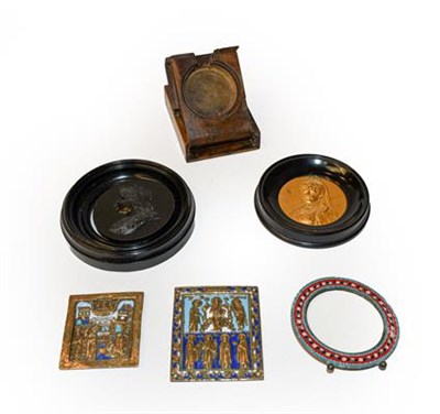 Lot 301 - Two relief roundels depciting Queen Victoria, a micromosaic frame, a watch stand, and two brass...