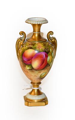 Lot 304 - A Royal Worcester pedestal vase by Edward Townsend, with scrolling handles, painted with...