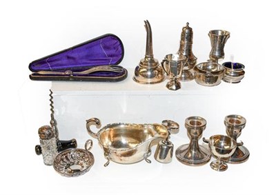 Lot 319 - Silver to include: a wine funnel, sauce boa,t a tea strainer, egg cup, pair of dwarf...