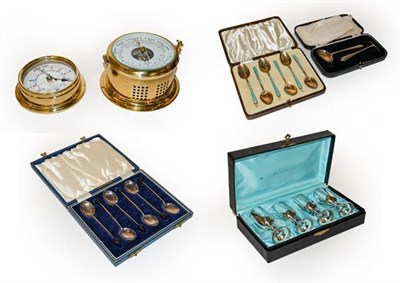 Lot 323 - A cased set of six silver and enamel tea spoons, cased silver servers, plated cups and plated...