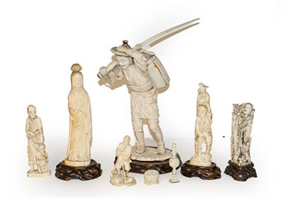 Lot 324 - A selection of early 20th century ivory okimonos, and two bone Chinese pieces (8)