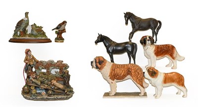 Lot 328 - Two Capodimonte groups, a Capodimonte bird model, two Beswick horses, a Border Fine Arts St Bernard