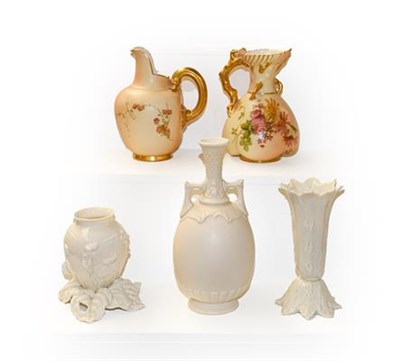 Lot 329 - Two Royal Worcester blush ware ewers, together with three white glazed Royal Worcester vases...