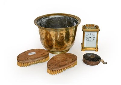 Lot 338 - Brass carriage timepiece, Chinese polished bronze planters, two clothes brushes (lacking...