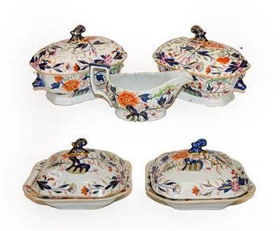 Lot 340 - Staffordshire ironstone dinner wares, circa 1840, transfer printed and painted with Imari type...