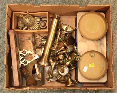 Lot 375 - Seven boxes of 19th century and later metalwares, mostly brass including: jardiniere, horse...