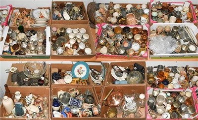 Lot 377 - Sixteen boxes containing a large quantity of pewter, pottery, porcelain, copper, brass and...